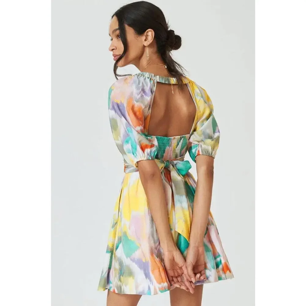 Anthropologie Swingy Rainbow Tie Dye Puff Sleeve Smocked Flirty Mini Dress Sz XS - Picture 2 of 9
